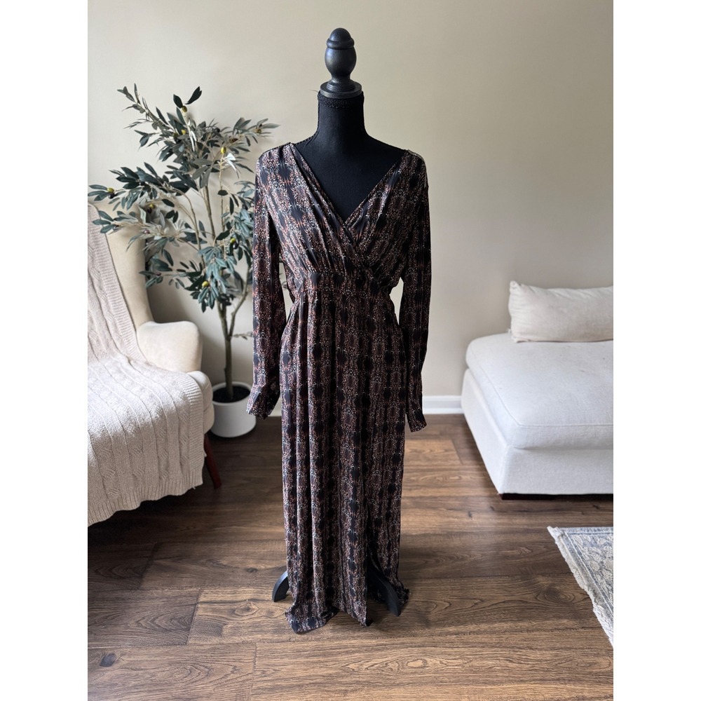 LAmade Long Sleeve Wrap V-Neck Maxi Dress Brown Black Abstract Print Small